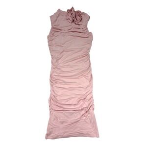 S by Serena Nora Midi Rosette Dress Small Pink Ruched Bodycon Graduation Event